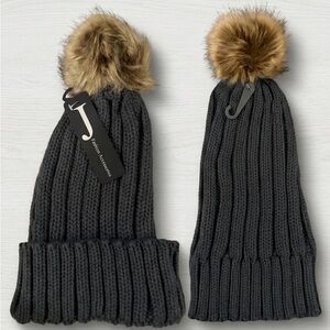 Black Knit Beanie with Faux Fur Pom